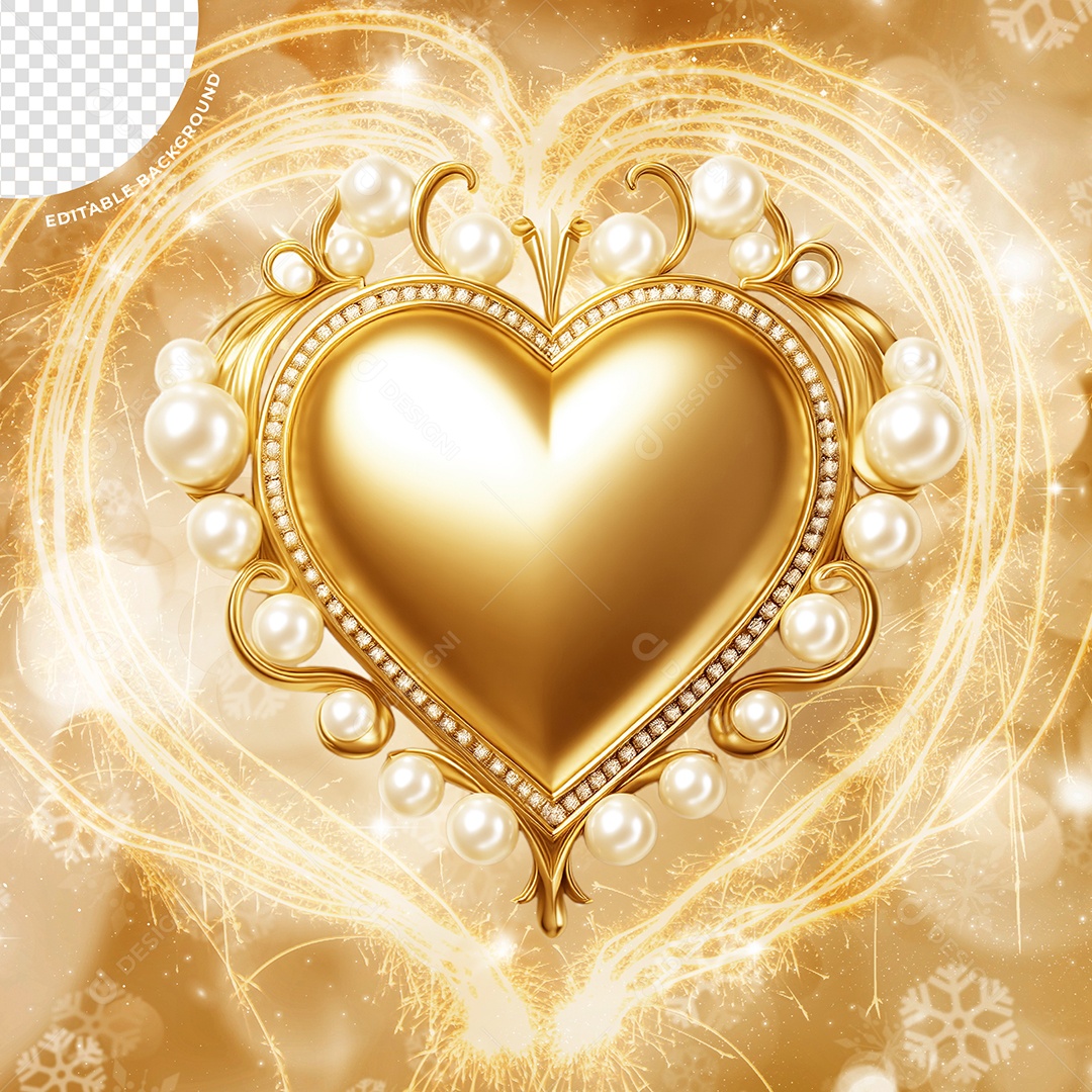 Elemento 3D Coração Dourado Ano Novo Para Composição PSD