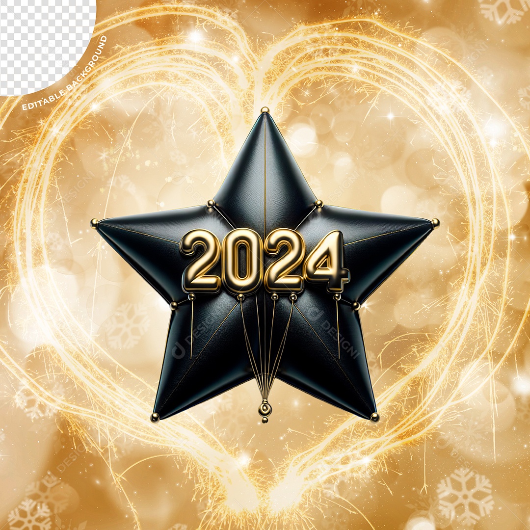 Elemento 3D Estrela Preta 2024 Ano Novo Para Composição PSD