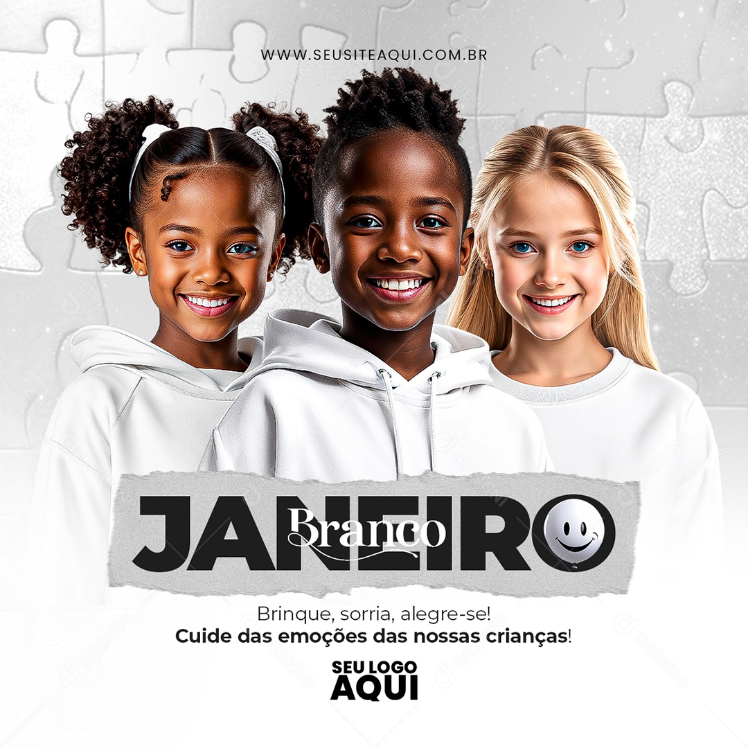 Feed Janeiro Branco Brinque Sorria Alegre-se Cuide das Emoções das Nossas Crianças Social Media PSD Editável