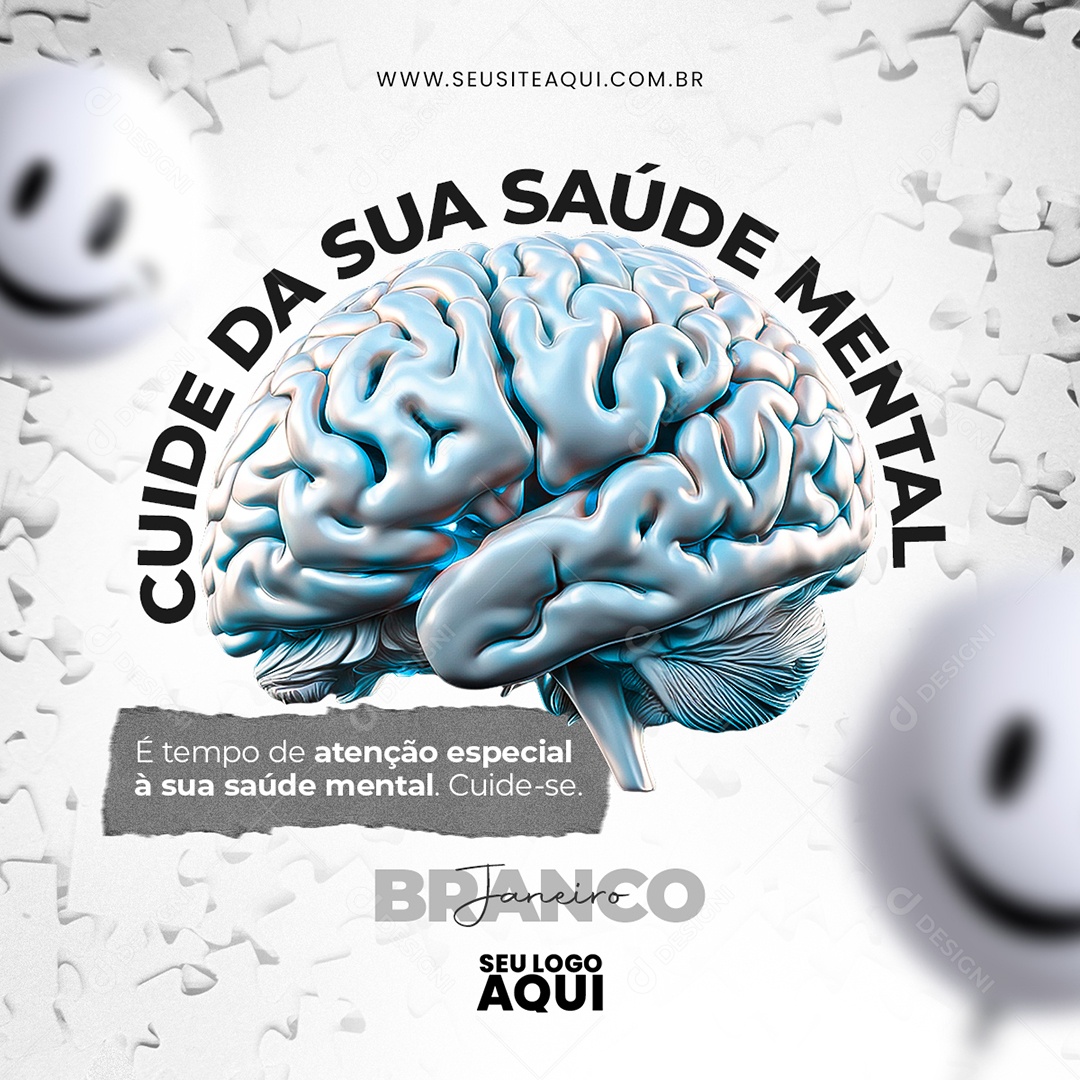 Feed Janeiro Branco é Tempo de Atenção Especial a sua Saúde Mental Social Media PSD Editável