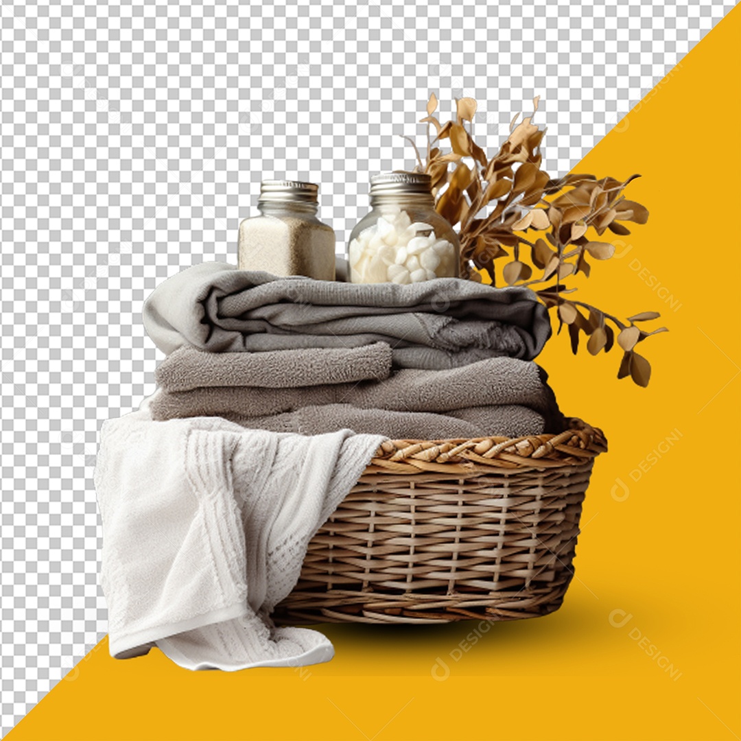 Cesta com Toalha e Cobertor e Erva Plantas Medicinais Elemento 3D para Composição PSD