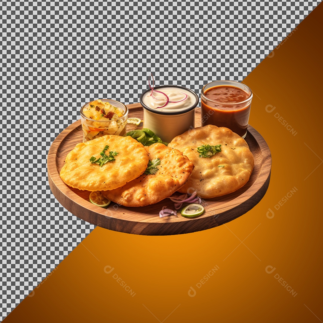 Elemento 3D Porção de Salgado e Molhos para Composição PSD