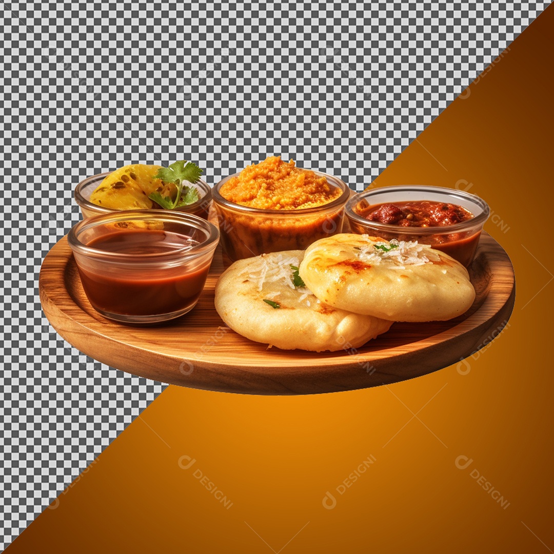 Elemento 3D Porção de Salgado e Molhos para Composição PSD