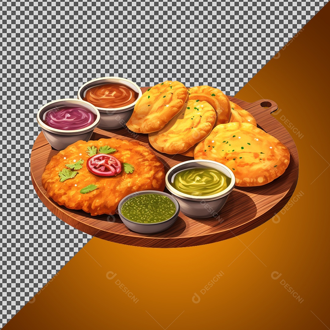 Elemento 3D Porção de Salgado e Molhos para Composição PSD