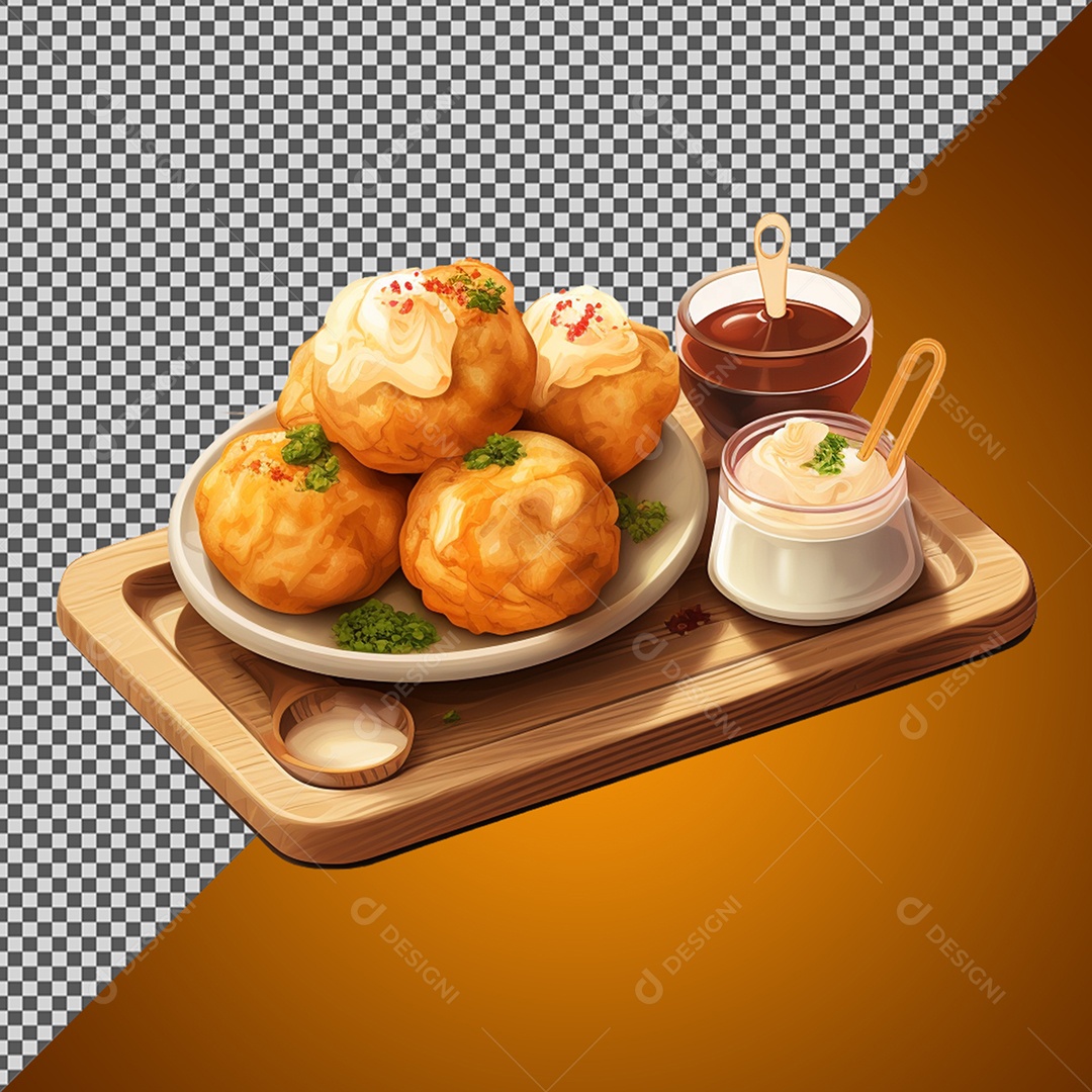 Elemento 3D Porção de Salgado e Molhos para Composição PSD