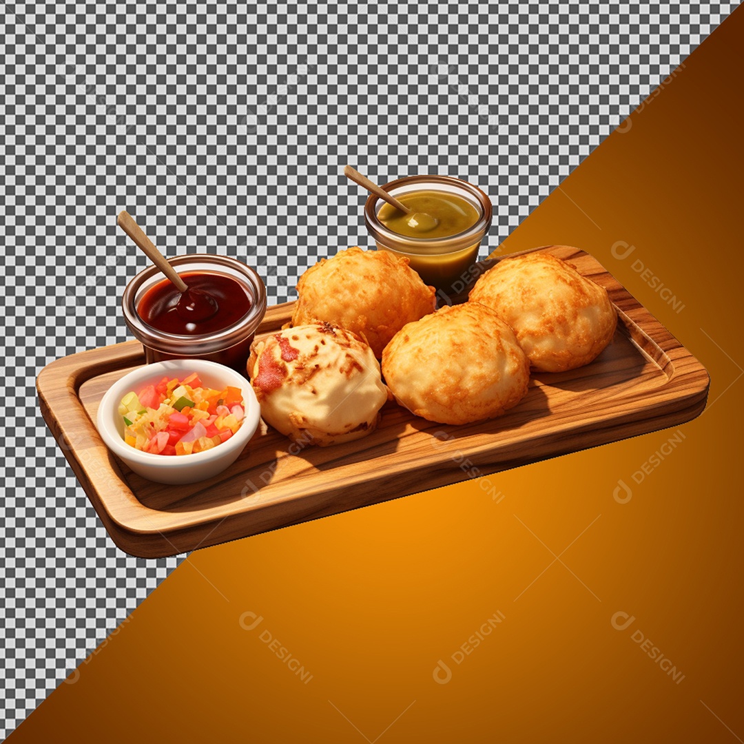 Elemento 3D Porção de Salgado e Molhos para Composição PSD