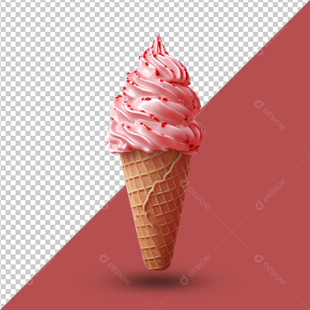 Elemento 3D Sorvete de Casquinha de Morango para Composição PSD