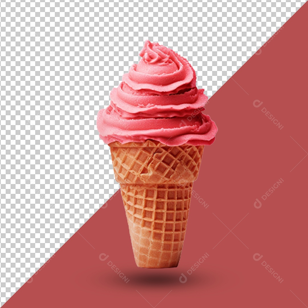 Elemento 3D Sorvete de Casquinha de Morango para Composição PSD