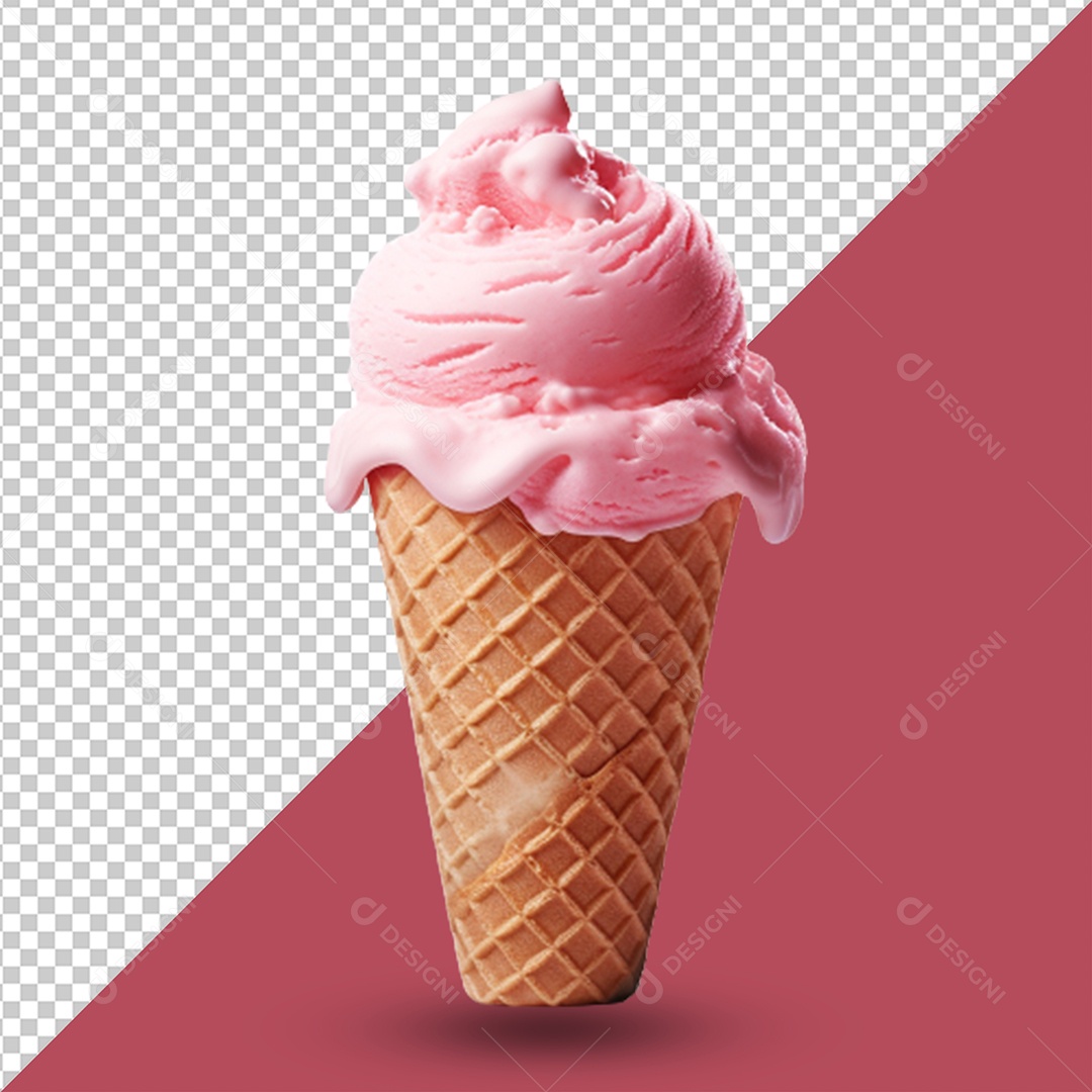 Sorvete de Casquinha de Morango Elemento 3D para Composição PSD