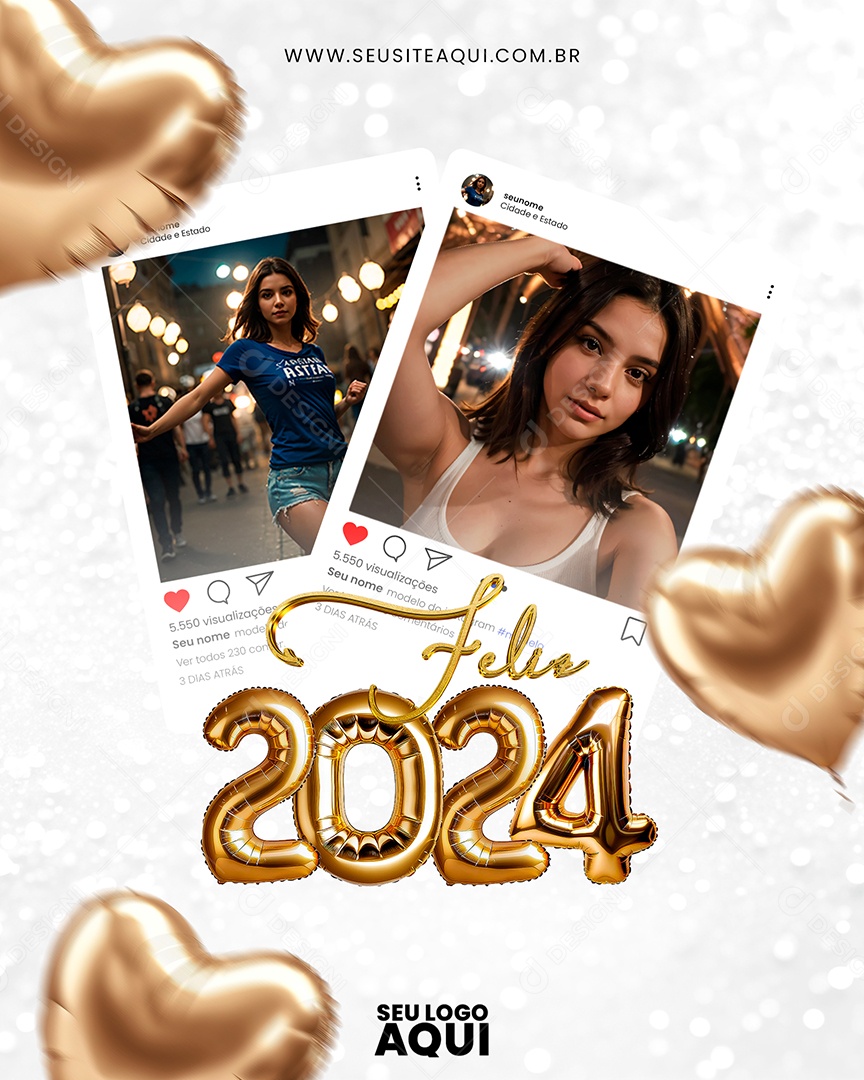 Feliz 2024 Ano Novo Social Media PSD Editável