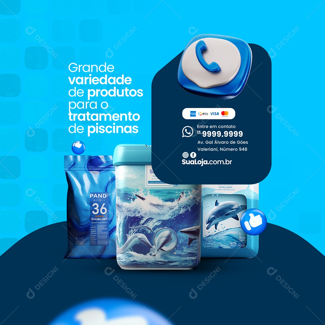 Piscina Grande variedade de produtos para o tratamento de piscinas Social Media PSD Editável