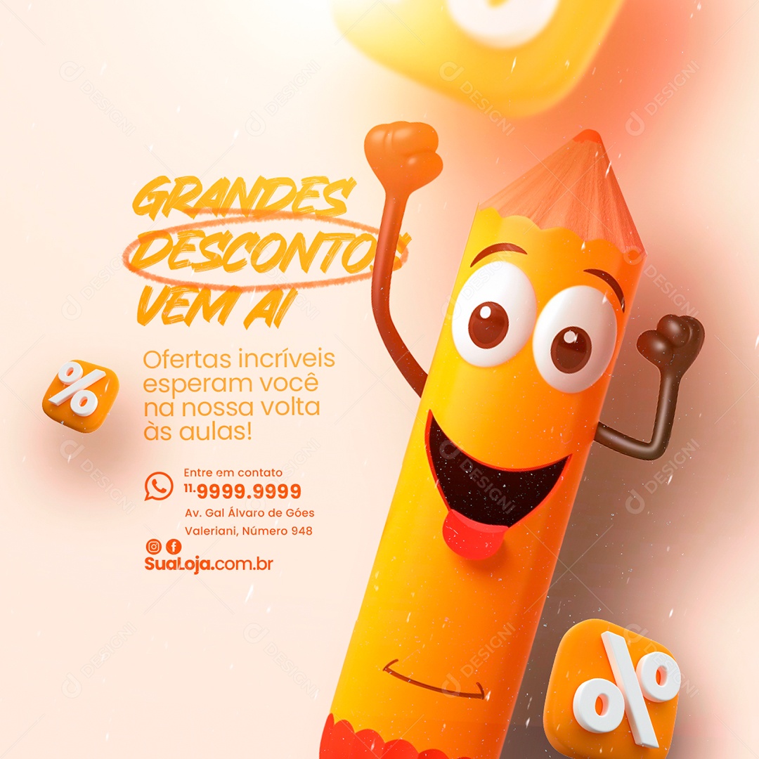 Volta às Aulas Papelaria Grandes Descontos Vem Ai Ofertas incríveis esperam você Social Media PSD Editável