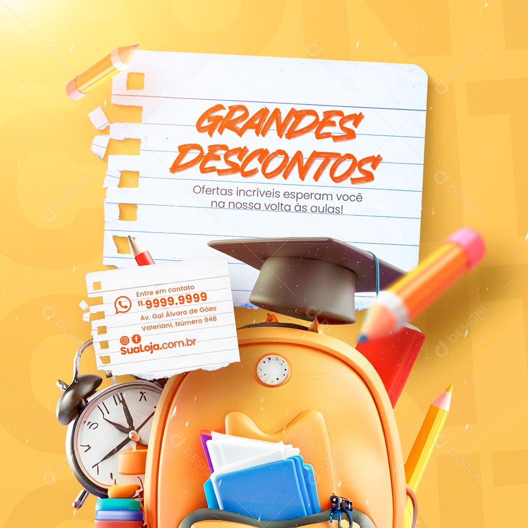 Volta às Aulas Papelaria Grandes Descontos Ofertas incríveis esperam você Social Media PSD Editável