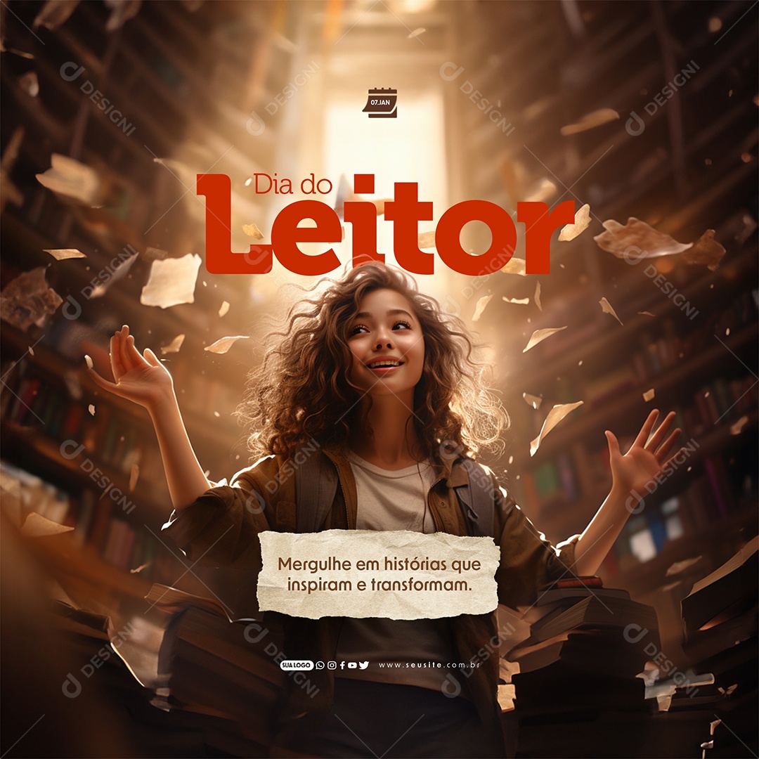 Dia do Leitor 07 de Janeiro Mergulhe em Histórias que Inspiram e Transformam Social Media PSD Editável