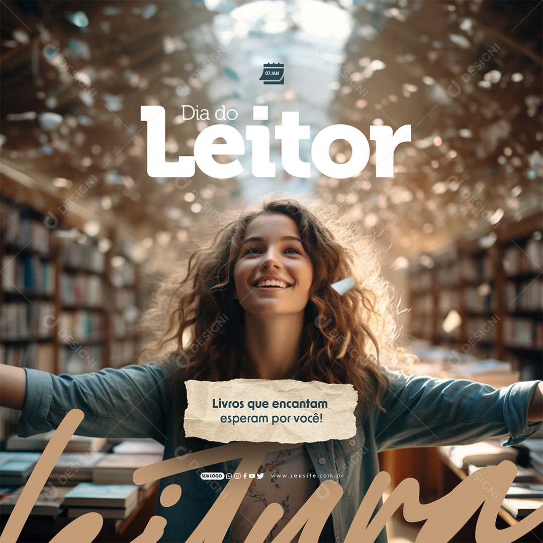 Dia do Leitor 07 de Janeiro Livros que Encantam Esperam por Você Social Media PSD Editável