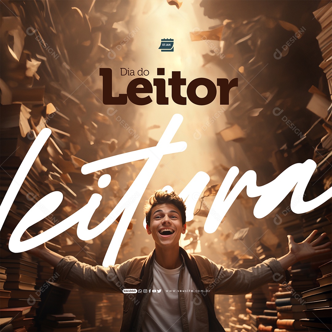 Dia do Leitor 07 de Janeiro Leitura Social Media PSD Editável