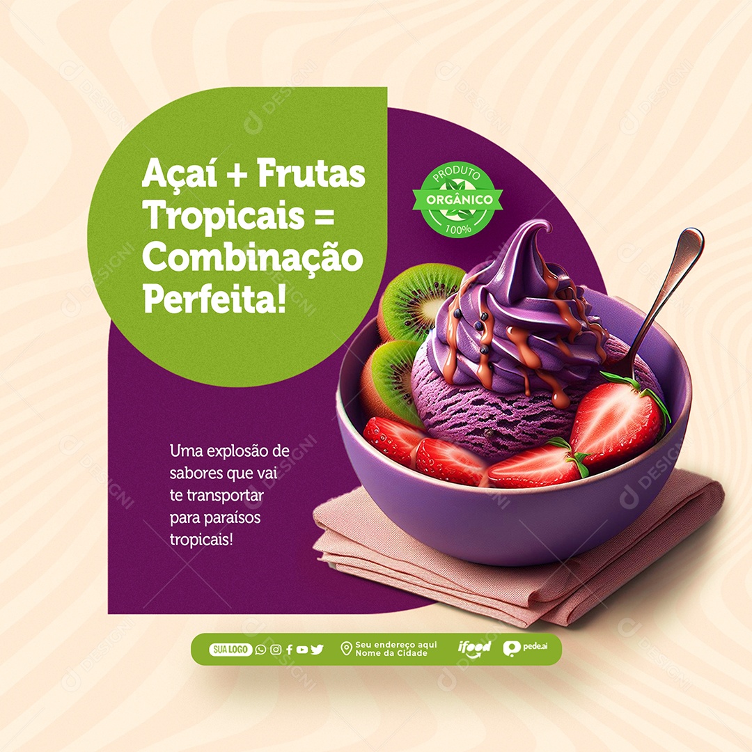 Açaí mais Frutas Tropicais Combinação Perfeita Social Media PSD Editável