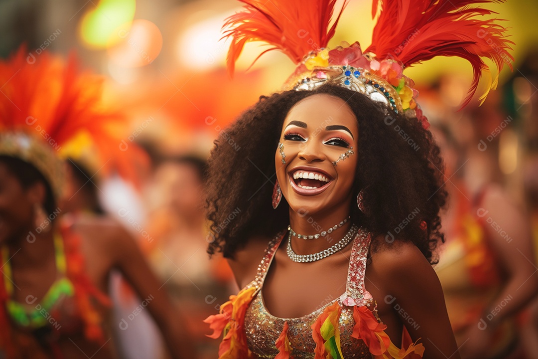 Linda morena sorrindo se divertindo em carnaval