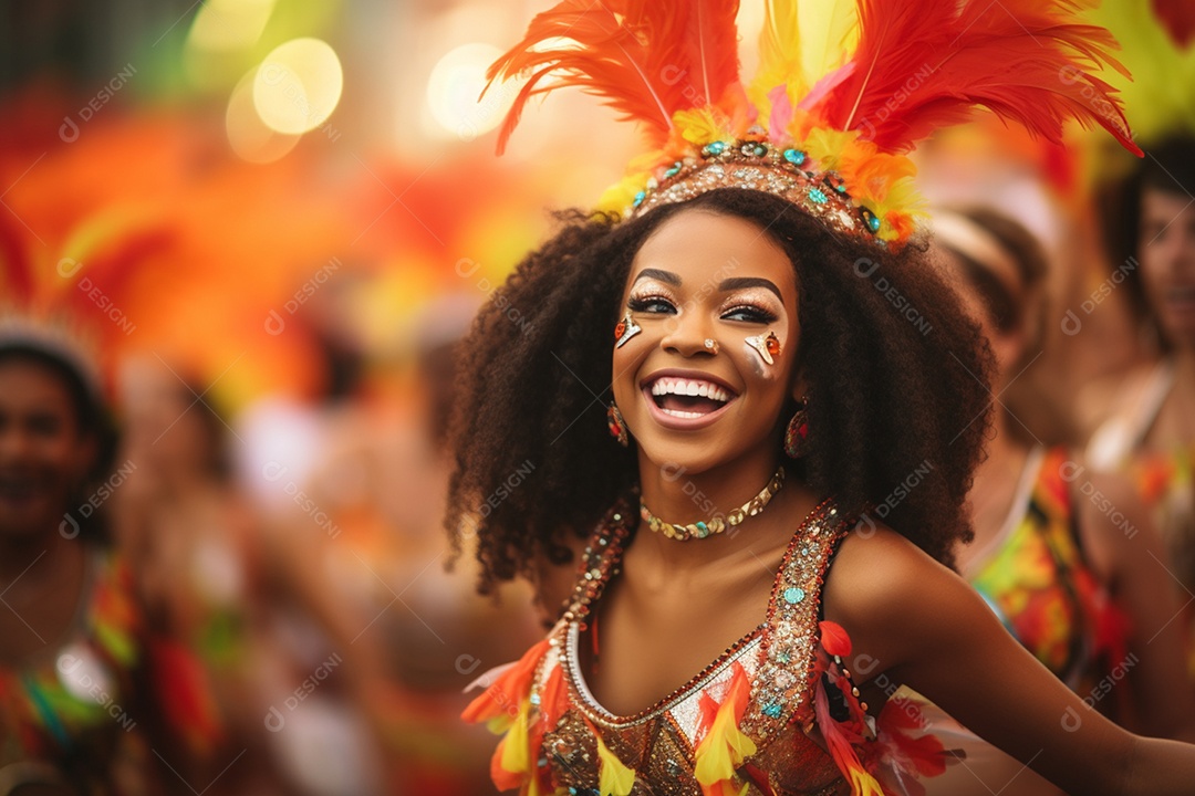 Uma linda jovem morena de cabelos cacheados sorrindo  no carnaval