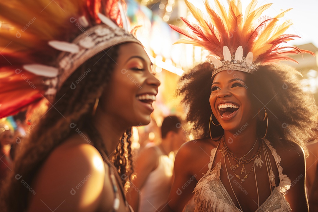 Duas jovem sorrindo e curtindo festa de carnaval