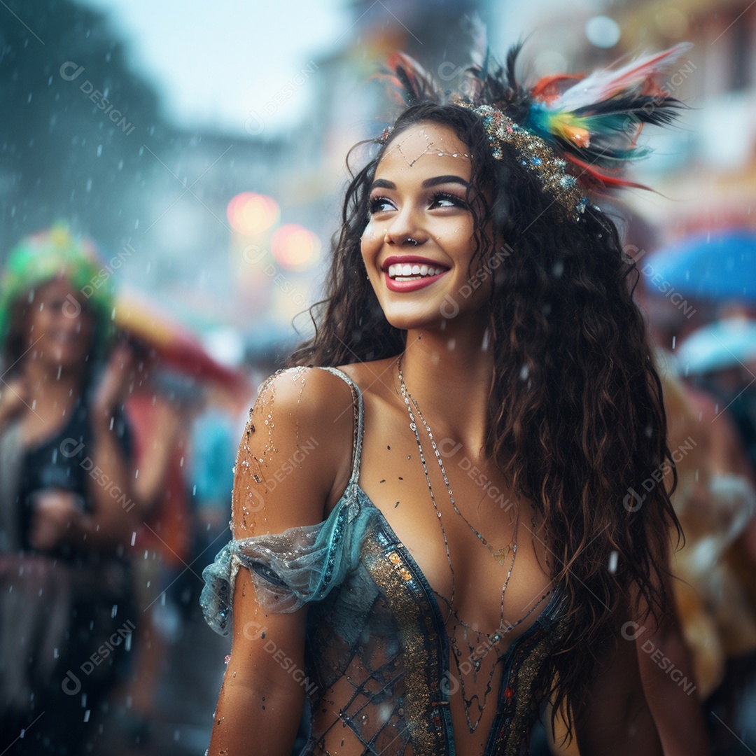 Uma linda jovem morena se divertindo em carnaval