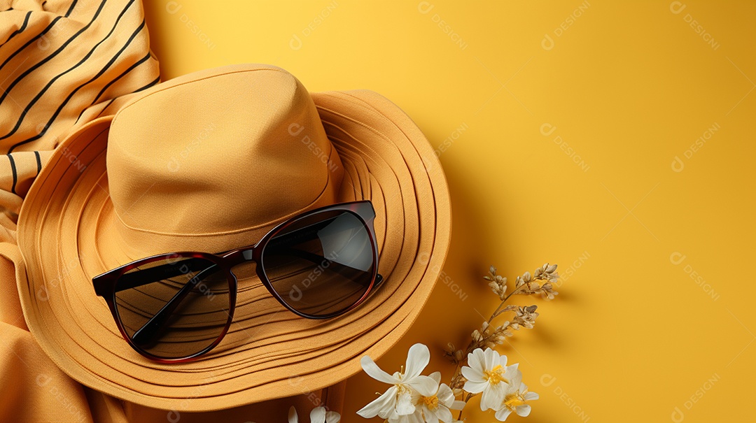 Acessórios de praia em fundo amarelo