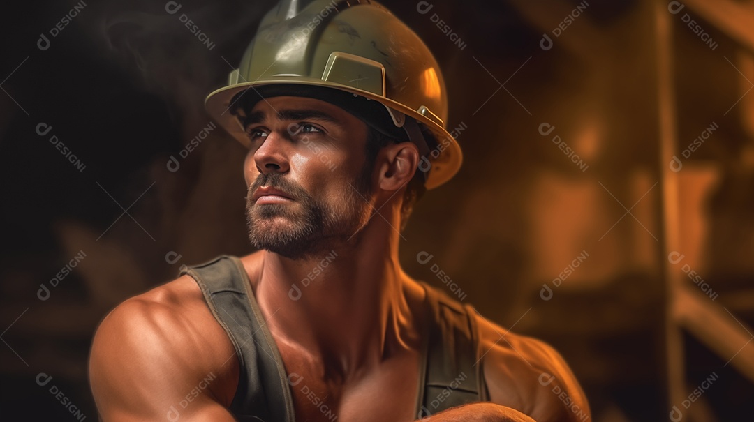 Homem modelo lindo usando capacete de proteção