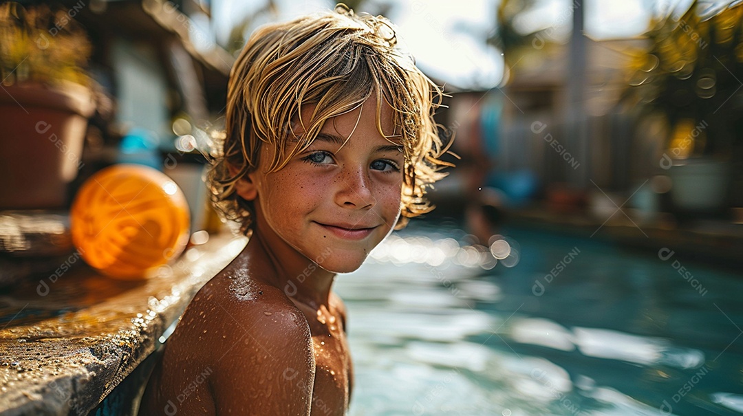 Uma piscina e um lindo garoto americano