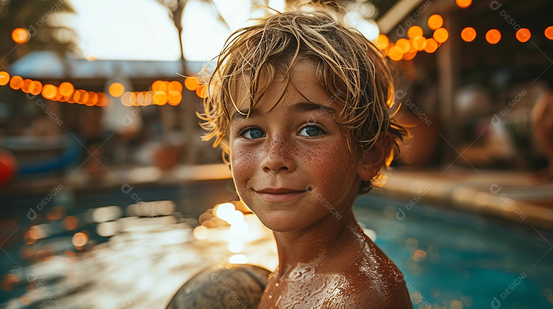 Uma piscina e um lindo garoto americano