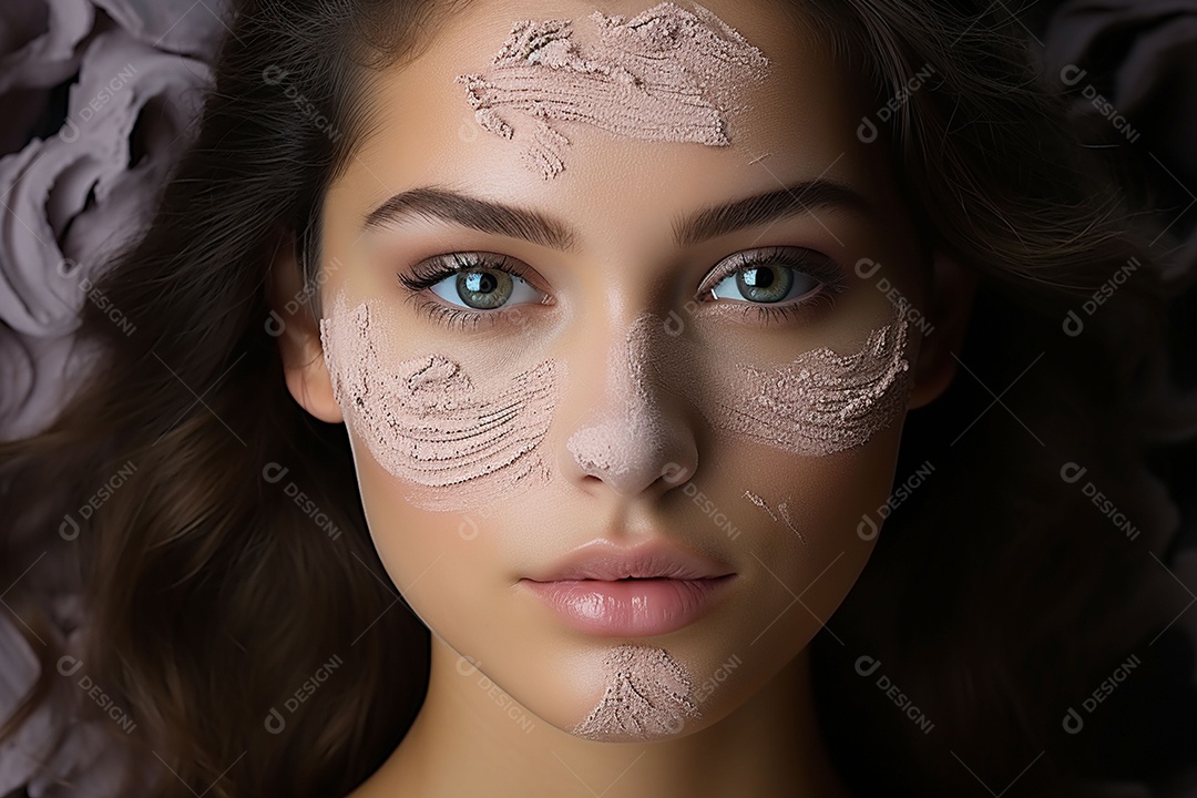 Pó de maquiagem para mulher aplicando pele no rosto bonito