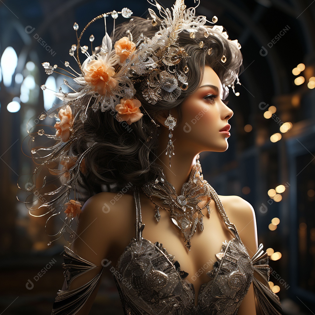 Retrato elegante e digno de mulher adornadas com joias