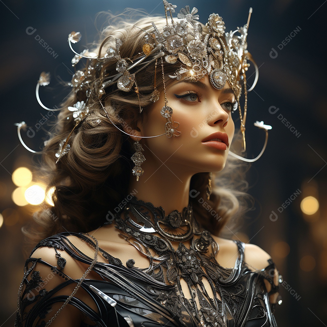 Retrato elegante e digno de mulher adornadas com joias