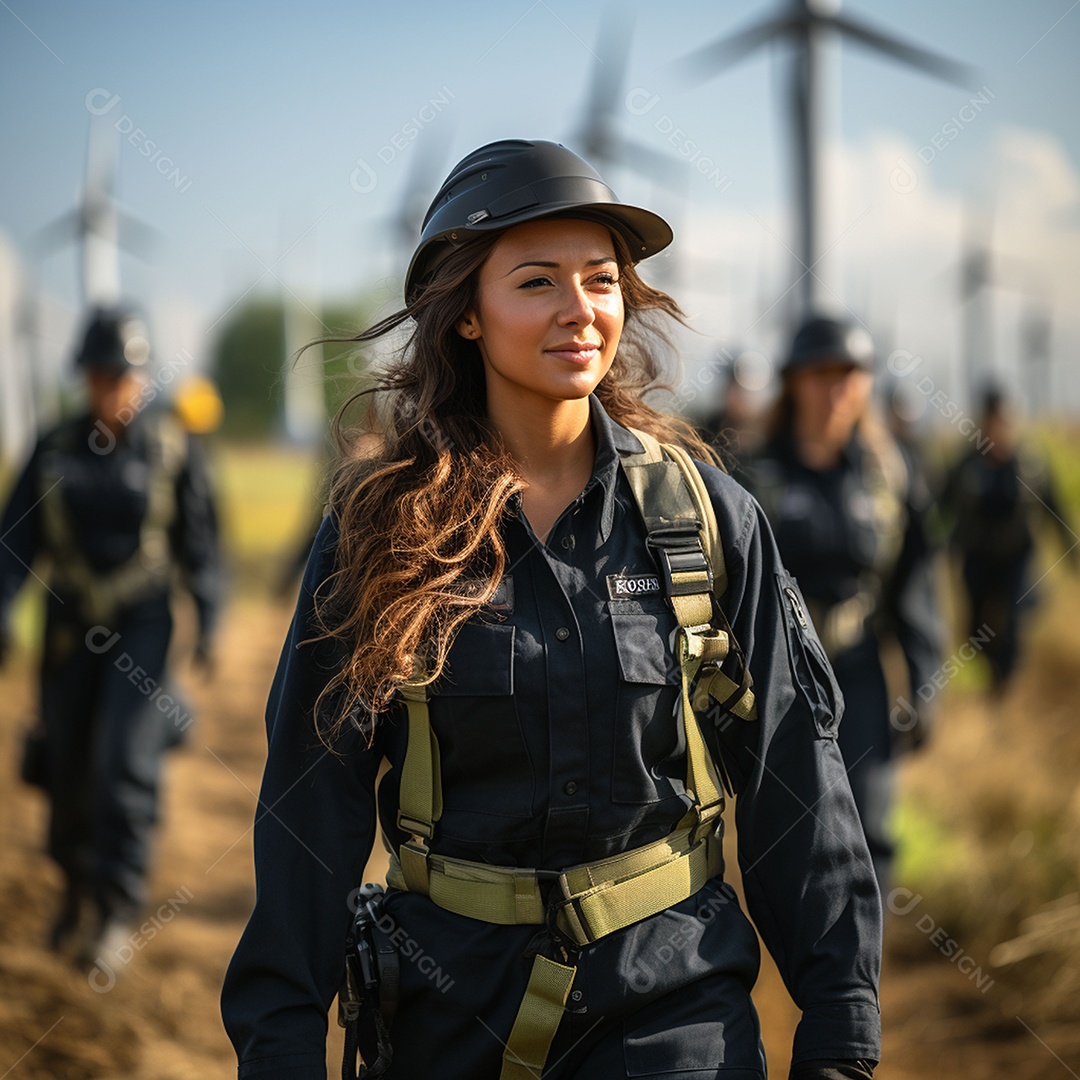 Engenheiras de uniforme e capacete