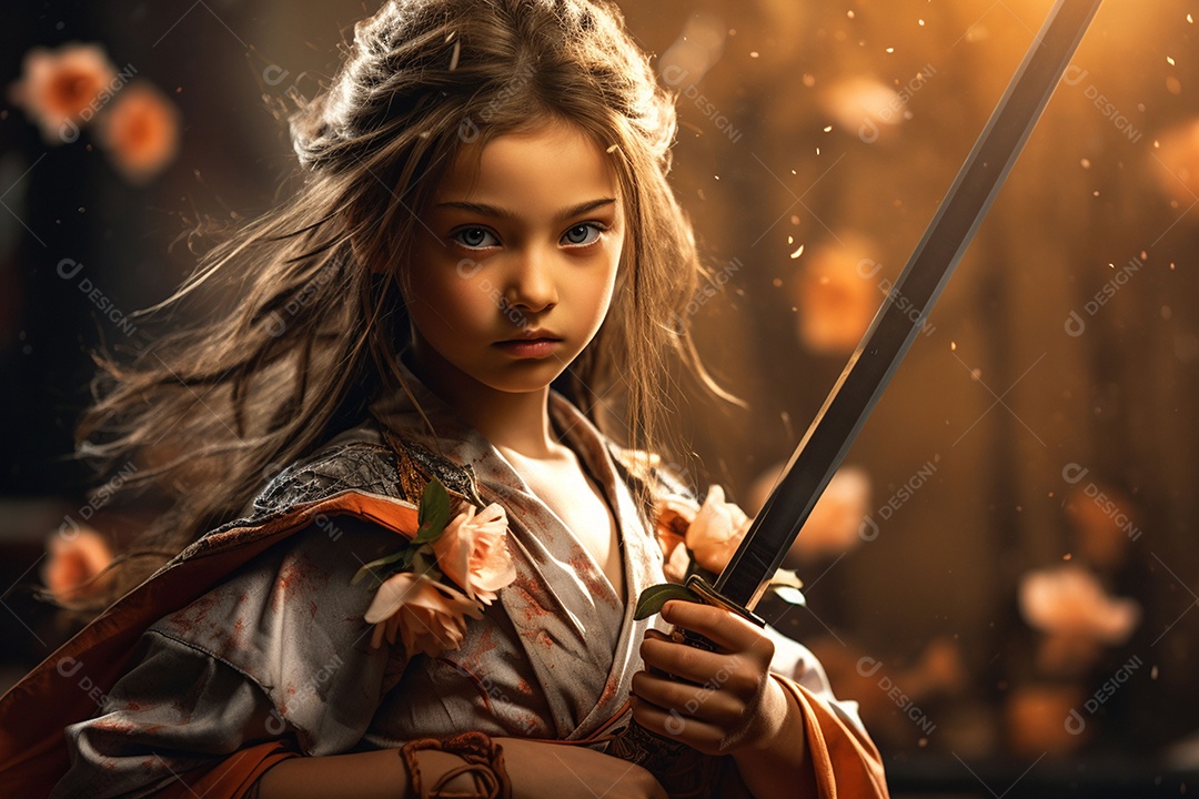 Jovem samurai em vestido longo