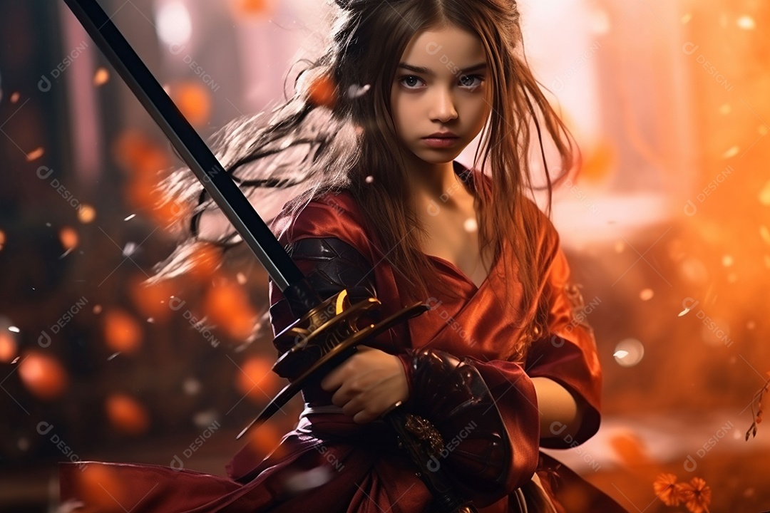 Jovem samurai em vestido longo