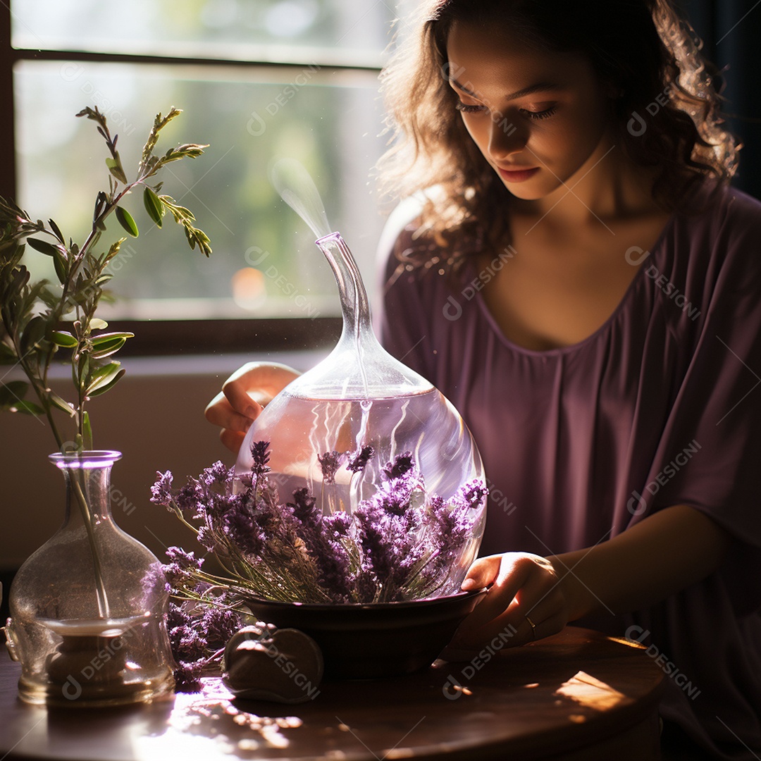 Mulher pingando óleos essenciais de lavanda no rosto