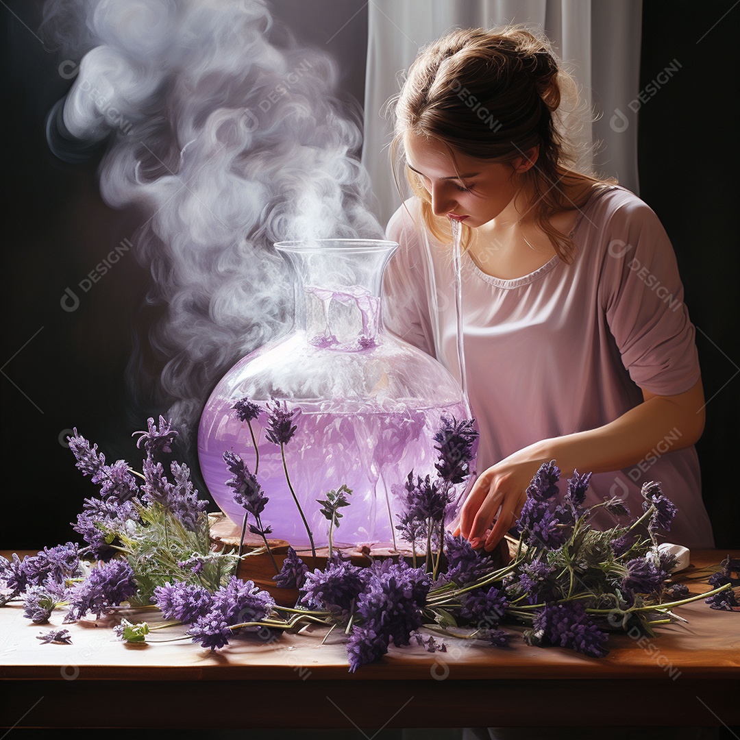 Mulher pingando óleos essenciais de lavanda no rosto