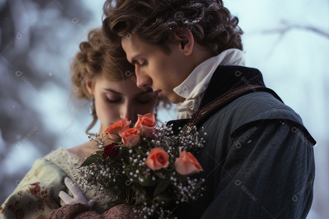 Jovem segurando buquê e abraço no inverno
