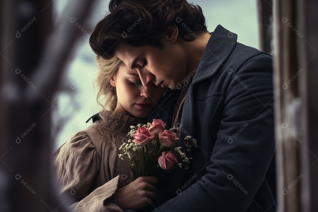 Jovem segurando buquê e abraço no inverno