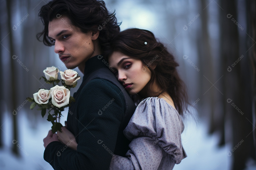 Jovem segurando buquê e abraço no inverno