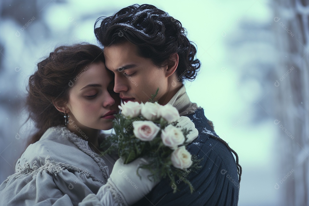 Jovem segurando buquê e abraço no inverno