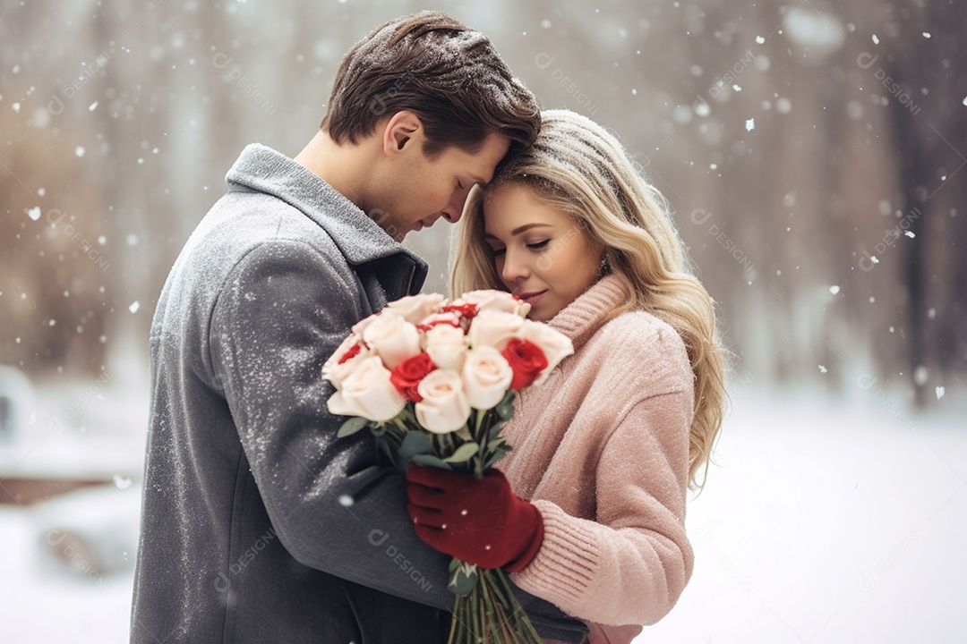 Jovem segurando buquê e abraço no inverno