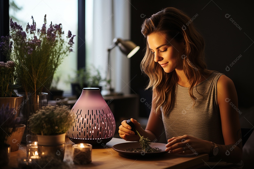 Mulher pingando óleos essenciais de lavanda no rosto