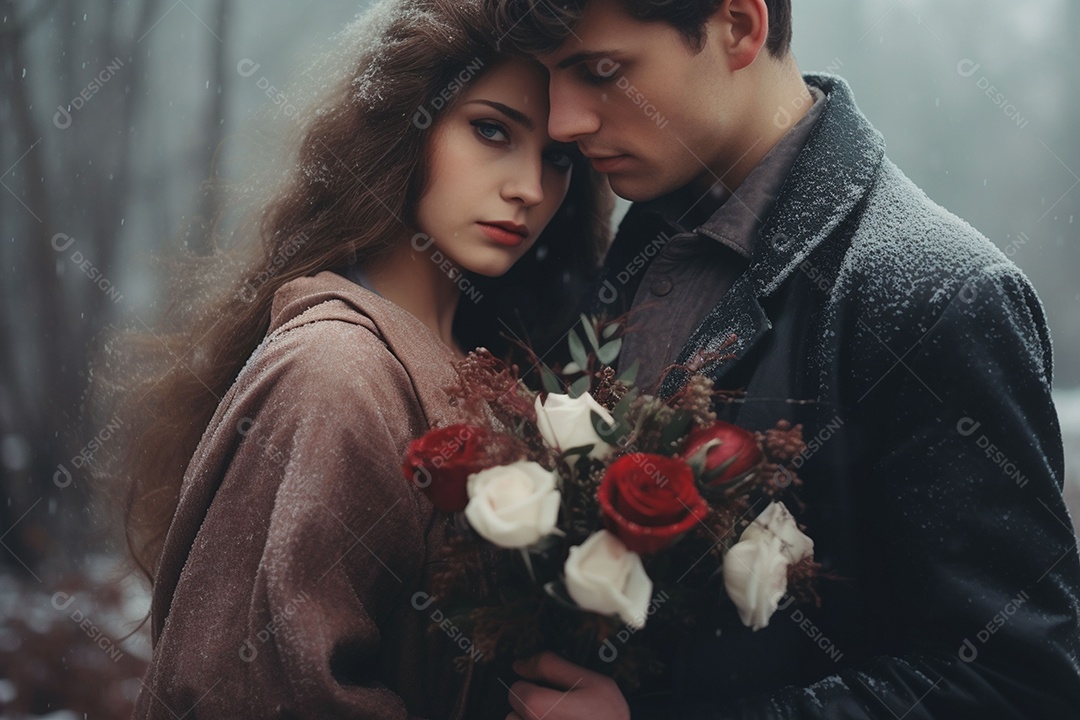 Jovem segurando buquê e abraço no inverno
