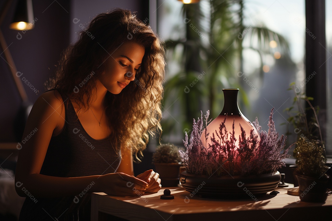 Mulher pingando óleos essenciais de lavanda no rosto