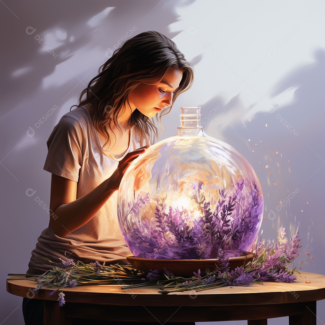 Mulher pingando óleos essenciais de lavanda no rosto