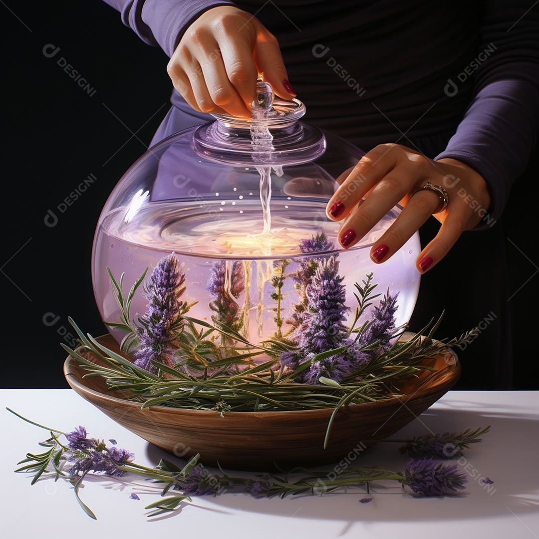 Mulher pingando óleos essenciais de lavanda no rosto