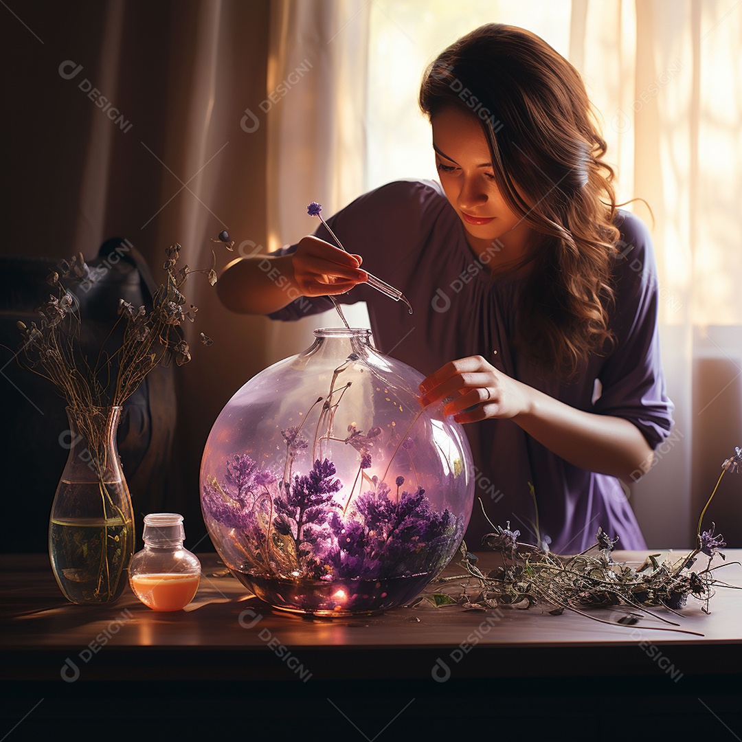 Mulher pingando óleos essenciais de lavanda no rosto