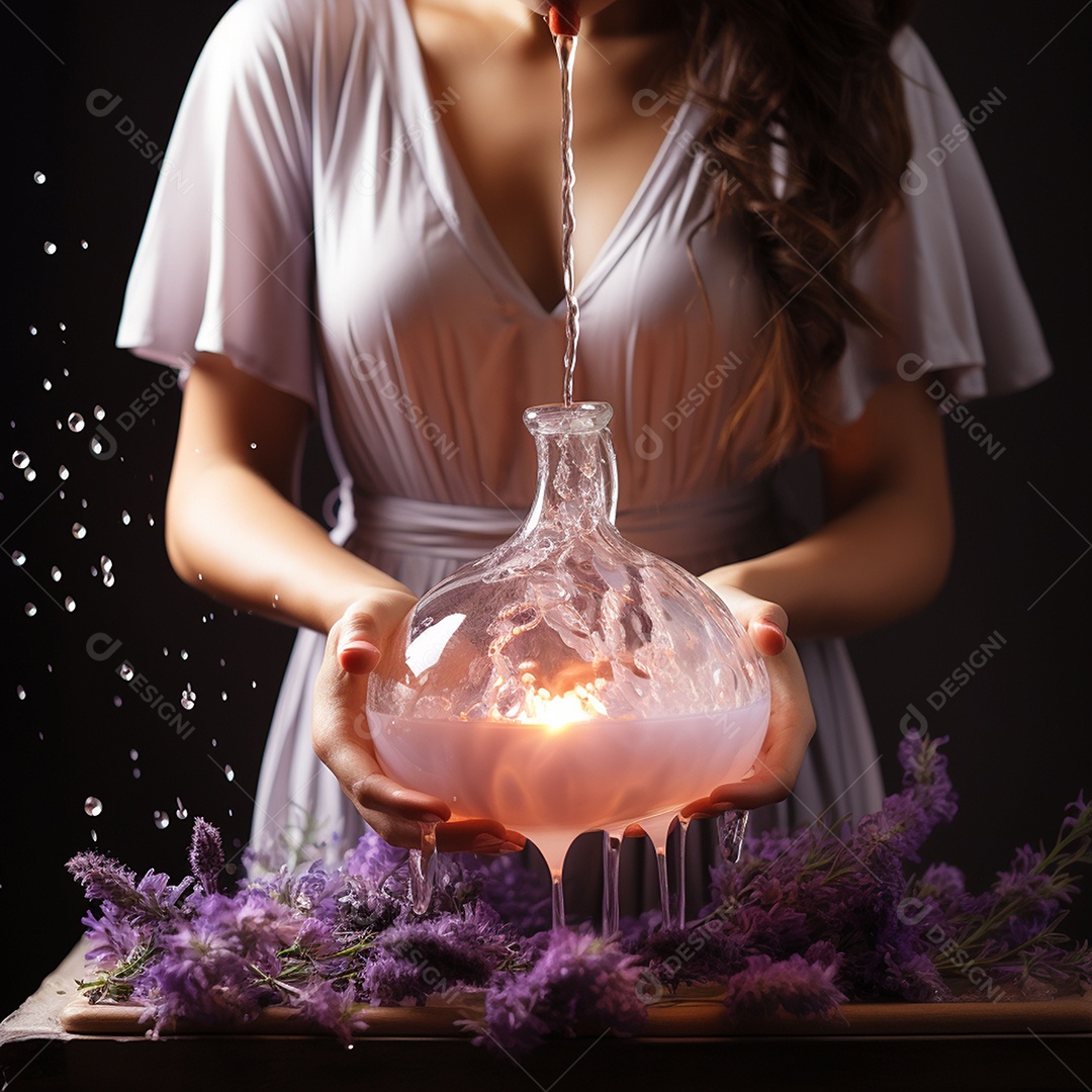 Mulher pingando óleos essenciais de lavanda no rosto