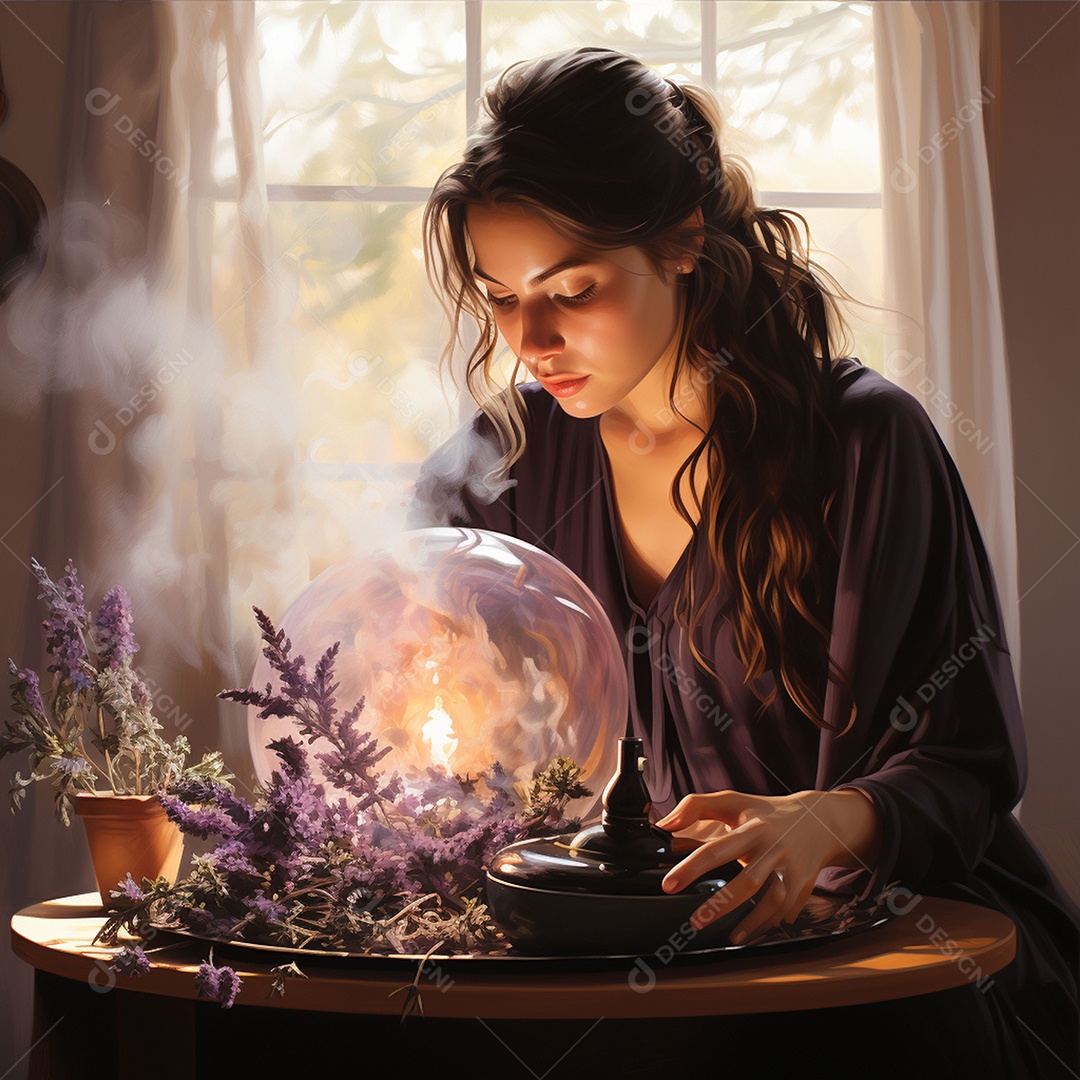 Mulher pingando óleos essenciais de lavanda no rosto